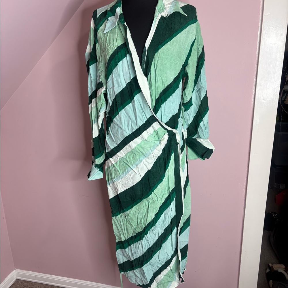 Mango Green Striped Wrap Dress